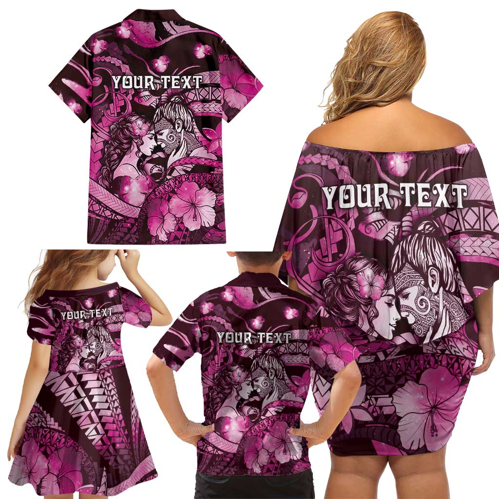 Personalised Maori Romantic Valentine Family Matching Off Shoulder Short Dress and Hawaiian Shirt The Hongi Kiss Pink Galaxy DT05 - Polynesian Pride