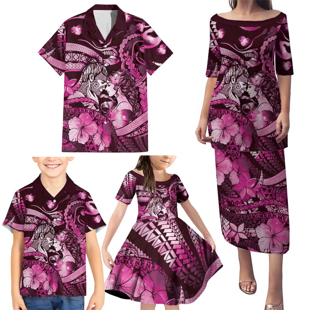 Personalised Maori Romantic Valentine Family Matching Puletasi and Hawaiian Shirt The Hongi Kiss Pink Galaxy DT05 - Polynesian Pride