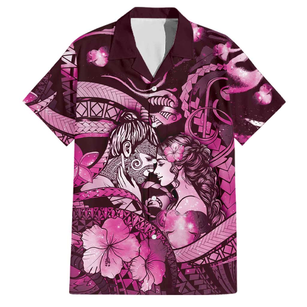 Personalised Maori Romantic Valentine Family Matching Puletasi and Hawaiian Shirt The Hongi Kiss Pink Galaxy DT05 Dad's Shirt - Short Sleeve Pink - Polynesian Pride