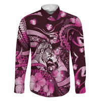 Personalised Maori Romantic Valentine Family Matching Puletasi and Hawaiian Shirt The Hongi Kiss Pink Galaxy DT05 Dad's Shirt - Long Sleeve Pink - Polynesian Pride