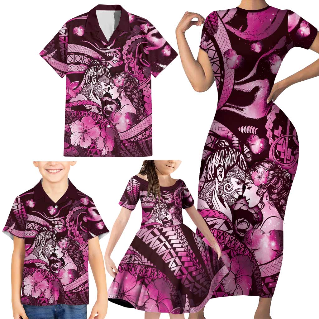 Personalised Maori Romantic Valentine Family Matching Short Sleeve Bodycon Dress and Hawaiian Shirt The Hongi Kiss Pink Galaxy DT05 - Polynesian Pride