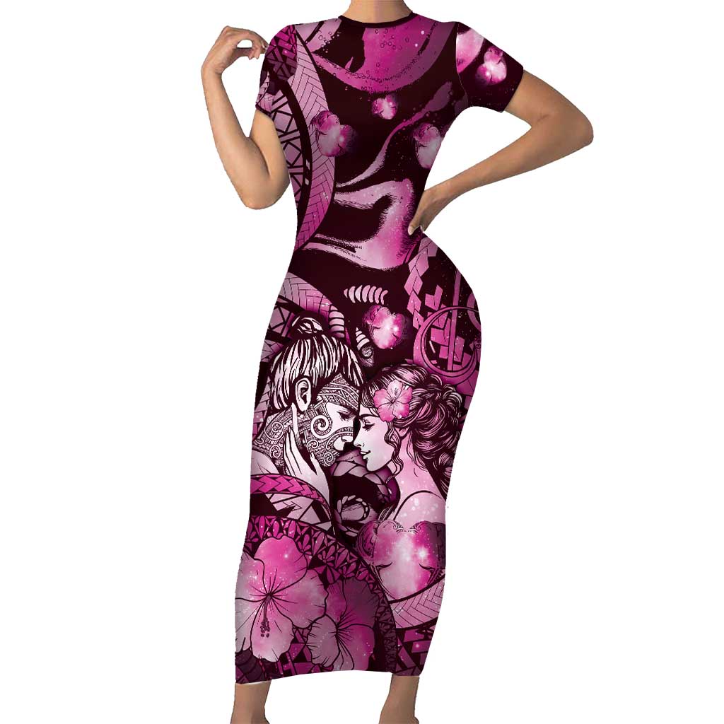 Personalised Maori Romantic Valentine Family Matching Short Sleeve Bodycon Dress and Hawaiian Shirt The Hongi Kiss Pink Galaxy DT05 Mom's Dress Pink - Polynesian Pride