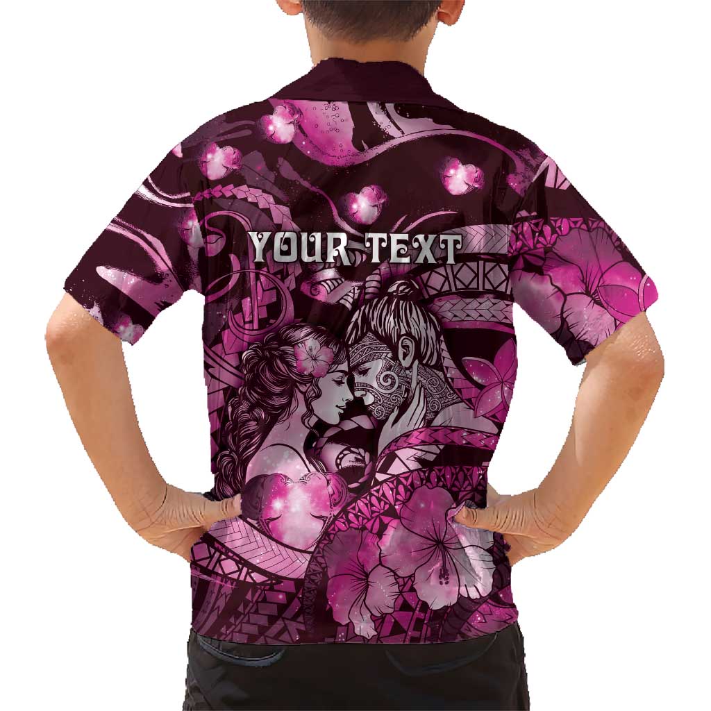 Personalised Maori Romantic Valentine Kid Hawaiian Shirt The Hongi Kiss Pink Galaxy