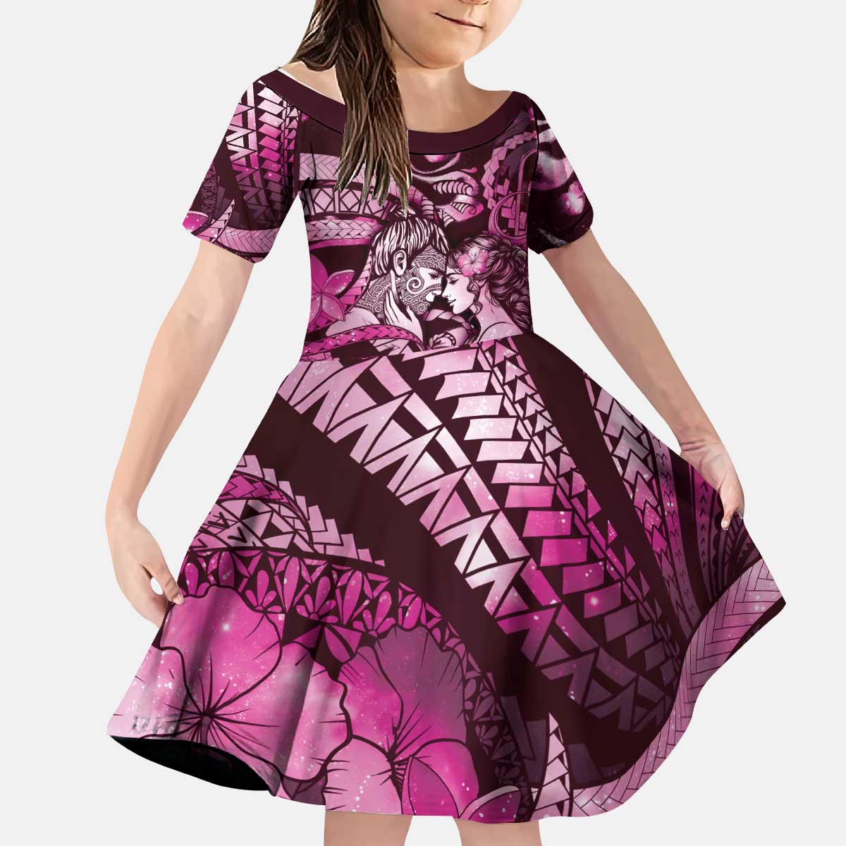 Personalised Maori Romantic Valentine Kid Short Sleeve Dress The Hongi Kiss Pink Galaxy DT05 KID Pink - Polynesian Pride