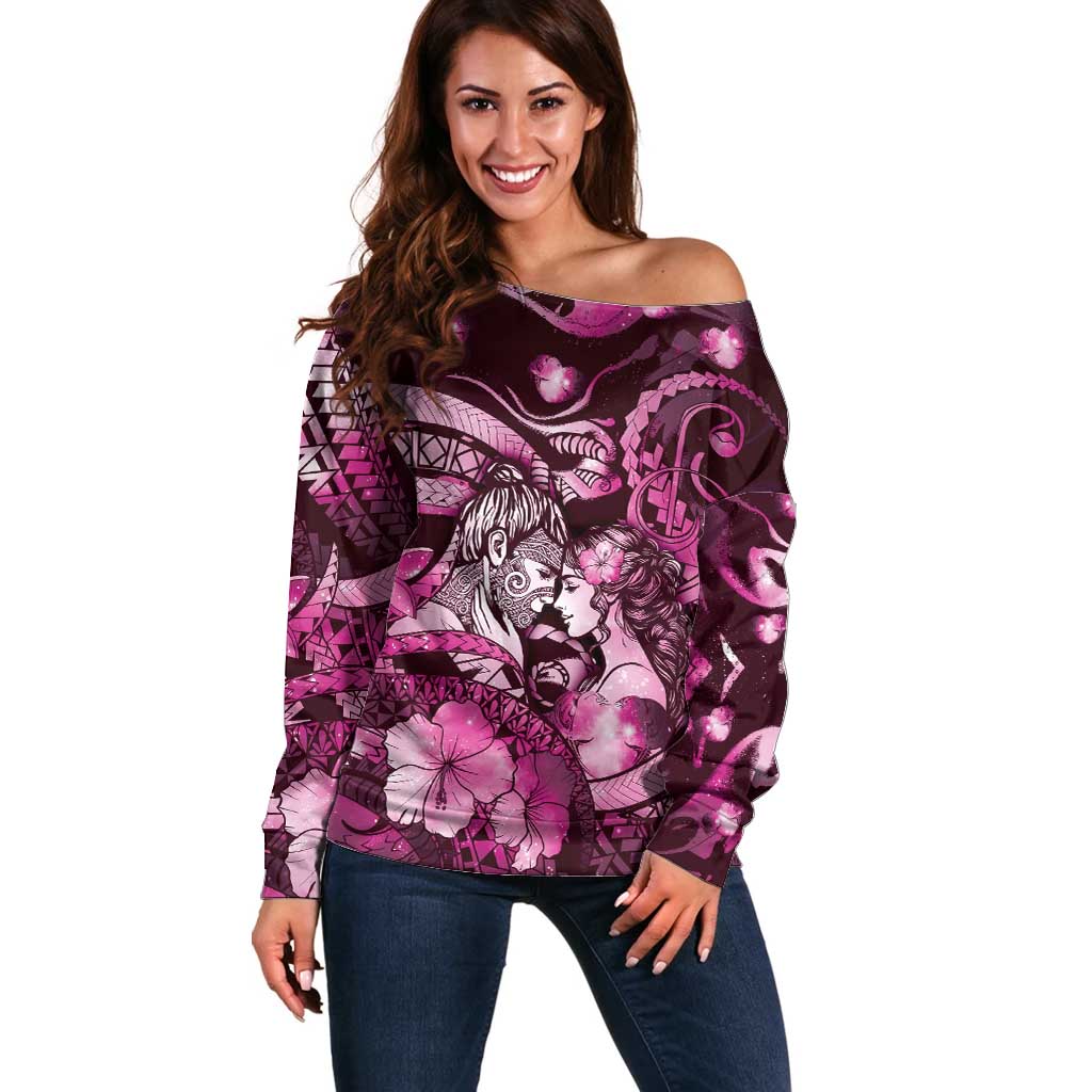 Personalised Maori Romantic Valentine Off Shoulder Sweater The Hongi Kiss Pink Galaxy