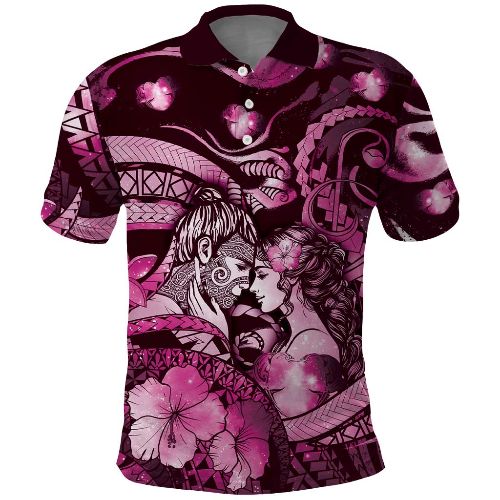 Personalised Maori Romantic Valentine Polo Shirt The Hongi Kiss Pink Galaxy DT05 Pink - Polynesian Pride