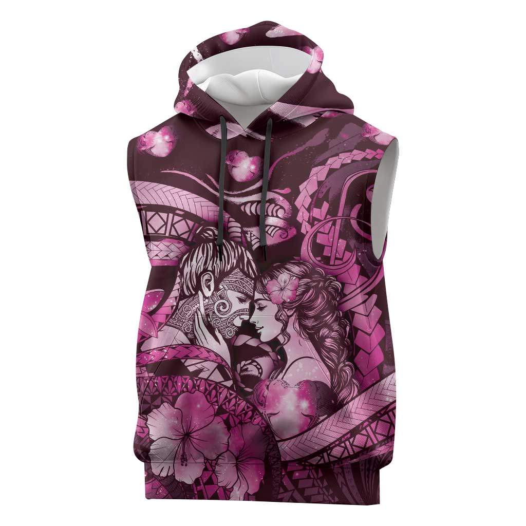 Personalised Maori Romantic Valentine Sleeveless Hoodie The Hongi Kiss Pink Galaxy DT05 Pink - Polynesian Pride