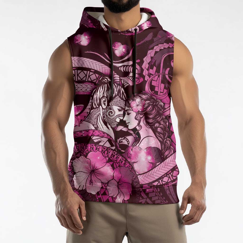 Personalised Maori Romantic Valentine Sleeveless Hoodie The Hongi Kiss Pink Galaxy DT05 - Polynesian Pride