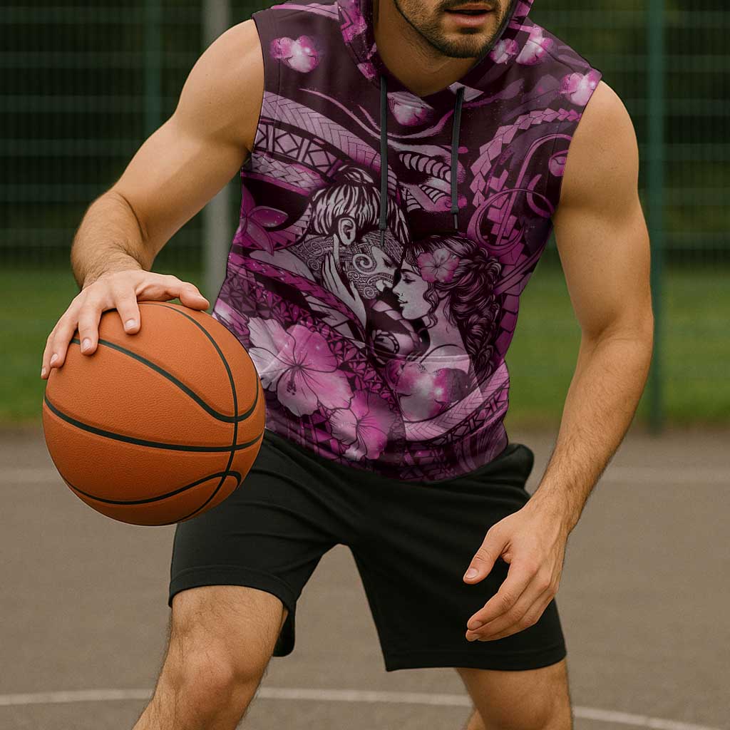 Personalised Maori Romantic Valentine Sleeveless Hoodie The Hongi Kiss Pink Galaxy DT05 - Polynesian Pride