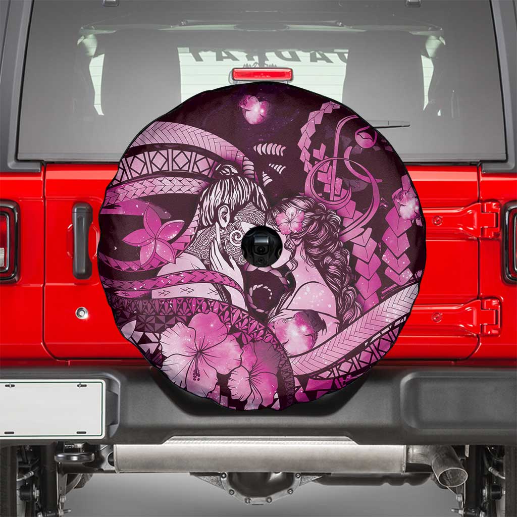 Maori Romantic Valentine Spare Tire Cover The Hongi Kiss Pink Galaxy