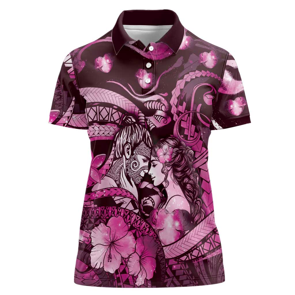 Personalised Maori Romantic Valentine Women Polo Shirt The Hongi Kiss Pink Galaxy DT05 Female Pink - Polynesian Pride