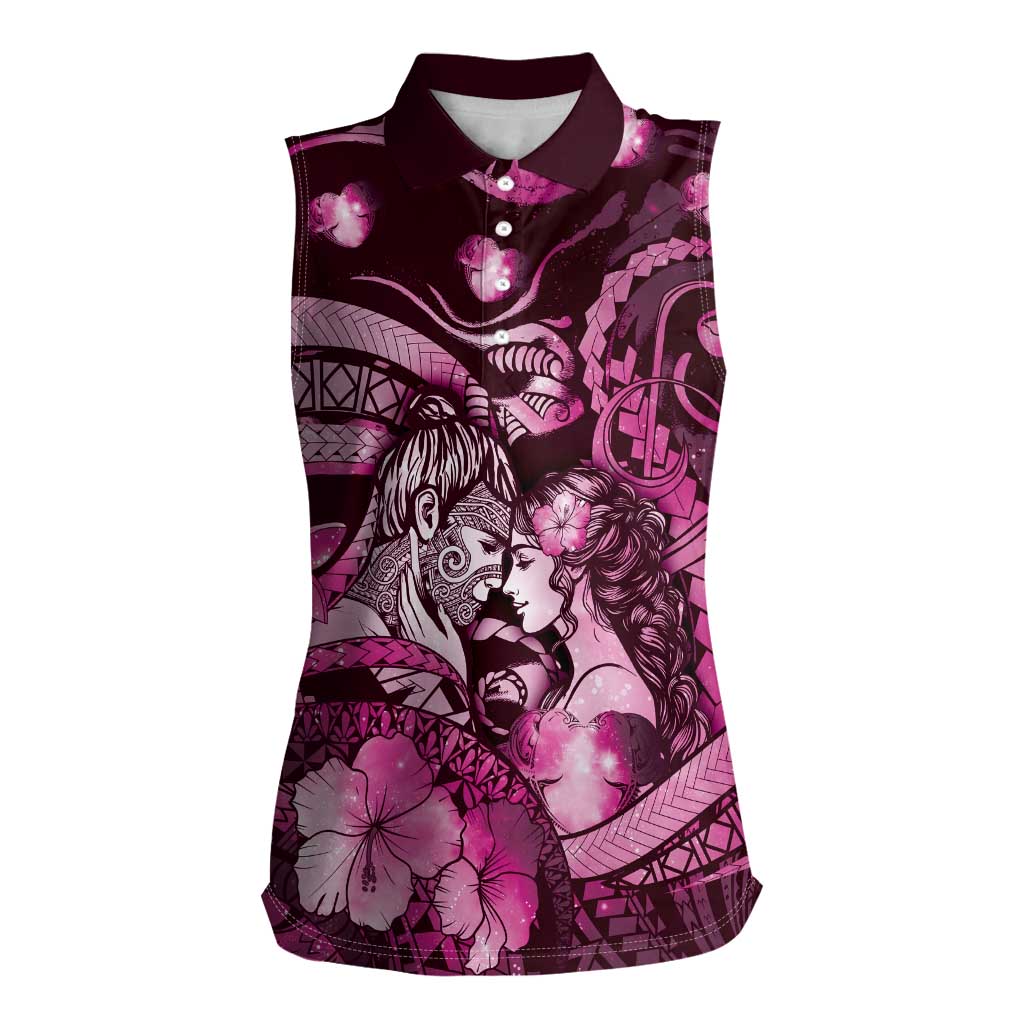 Personalised Maori Romantic Valentine Women Sleeveless Polo Shirt The Hongi Kiss Pink Galaxy DT05 Female Pink - Polynesian Pride