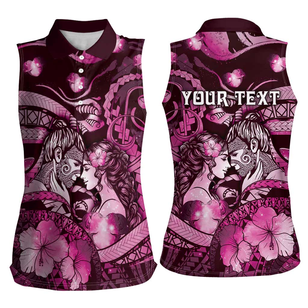 Personalised Maori Romantic Valentine Women Sleeveless Polo Shirt The Hongi Kiss Pink Galaxy DT05 - Polynesian Pride
