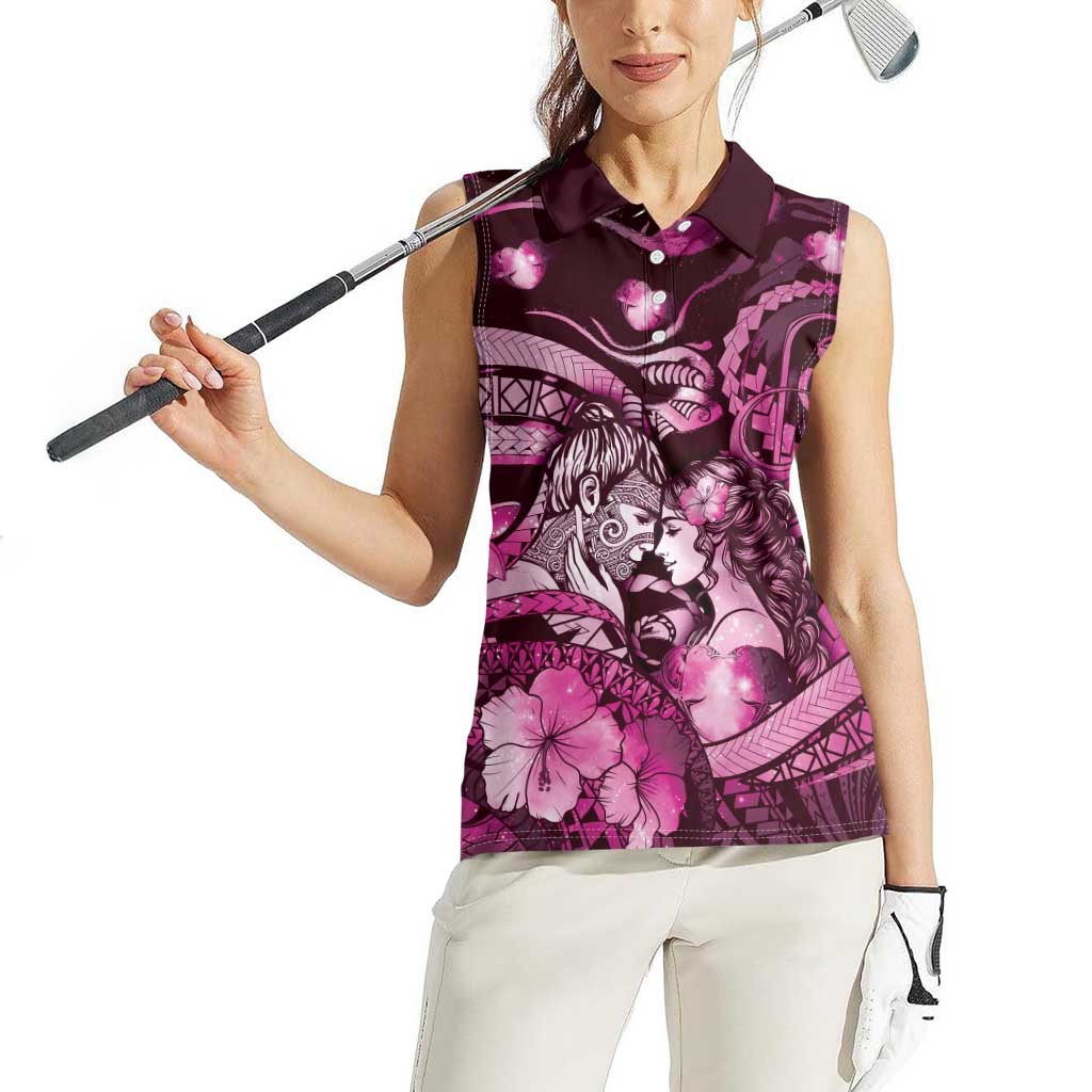 Personalised Maori Romantic Valentine Women Sleeveless Polo Shirt The Hongi Kiss Pink Galaxy DT05 - Polynesian Pride