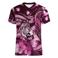 Personalised Maori Romantic Valentine Women V-Neck T-Shirt The Hongi Kiss Pink Galaxy DT05 Female Pink - Polynesian Pride
