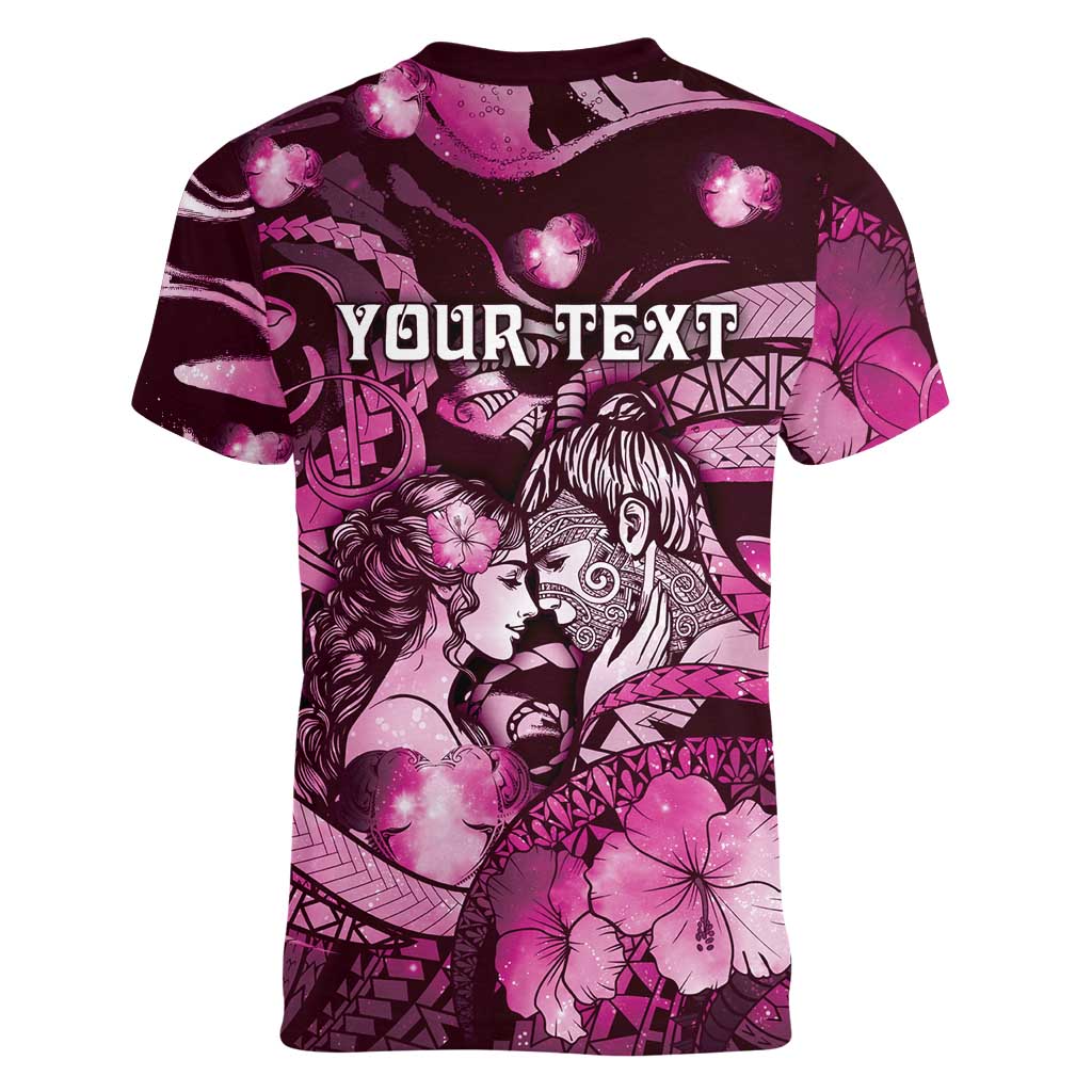 Personalised Maori Romantic Valentine Women V-Neck T-Shirt The Hongi Kiss Pink Galaxy DT05 - Polynesian Pride