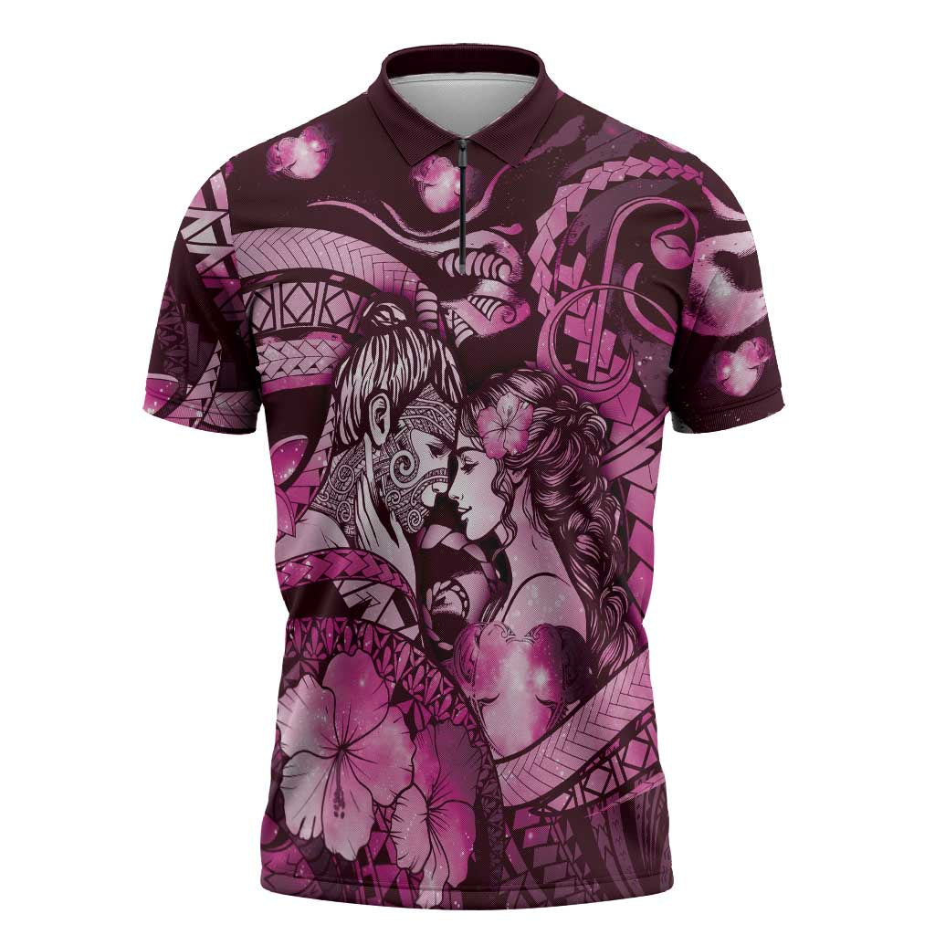 Personalised Maori Romantic Valentine Zipper Polo Shirt The Hongi Kiss Pink Galaxy