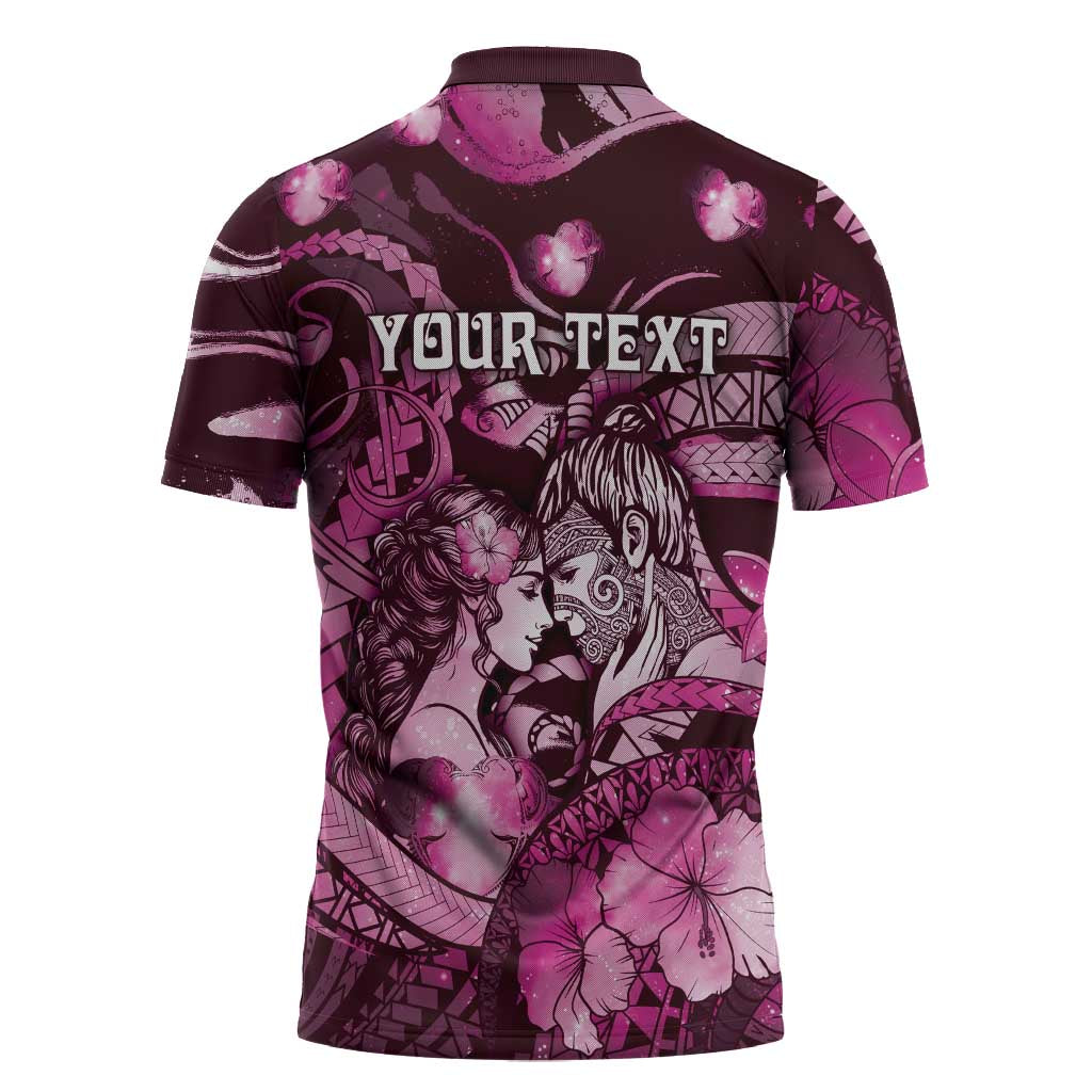 Personalised Maori Romantic Valentine Zipper Polo Shirt The Hongi Kiss Pink Galaxy