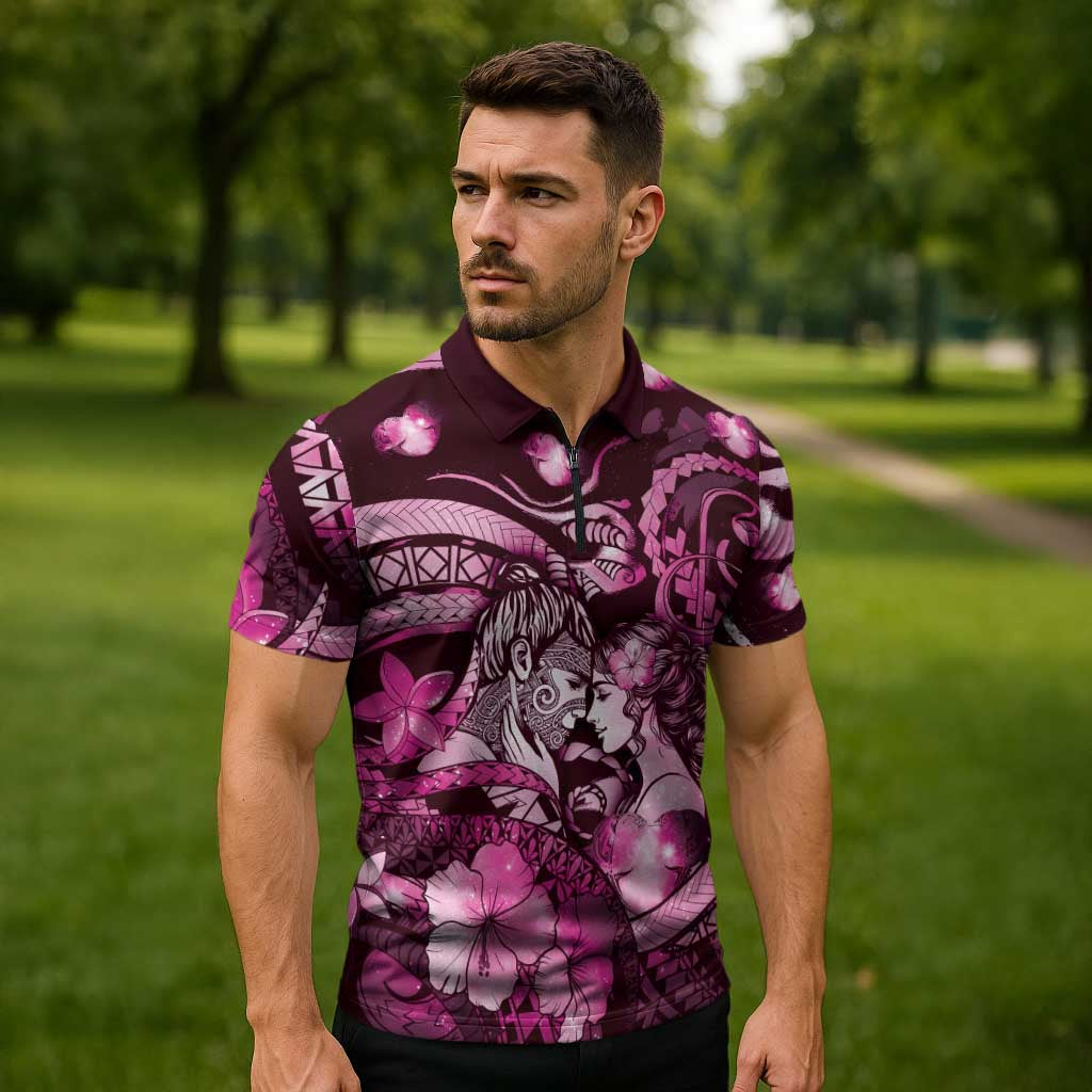 Personalised Maori Romantic Valentine Zipper Polo Shirt The Hongi Kiss Pink Galaxy