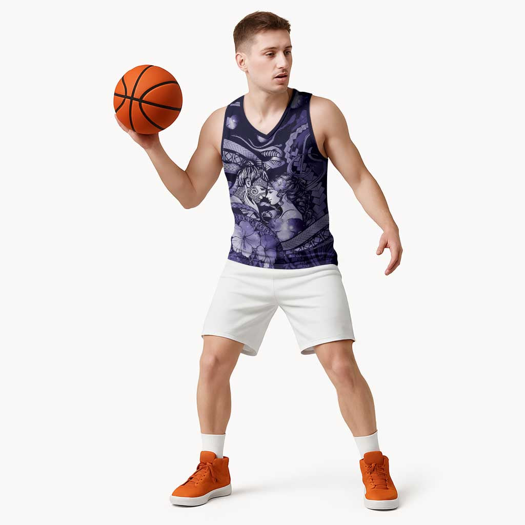 Personalised Maori Romantic Valentine Basketball Jersey The Hongi Kiss Purple Galaxy