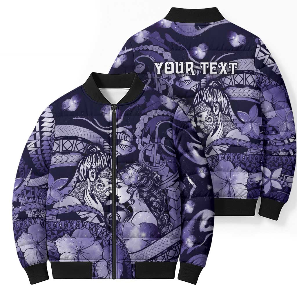 Personalised Maori Romantic Valentine Bomber Puffer Jacket The Hongi Kiss Purple Galaxy
