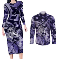 Personalised Maori Romantic Valentine Couples Matching Long Sleeve Bodycon Dress and Long Sleeve Button Shirt The Hongi Kiss Purple Galaxy DT05 Purple - Polynesian Pride