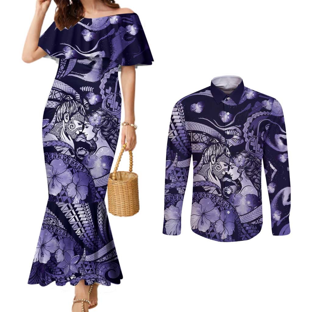 Personalised Maori Romantic Valentine Couples Matching Mermaid Dress and Long Sleeve Button Shirt The Hongi Kiss Purple Galaxy DT05 Purple - Polynesian Pride