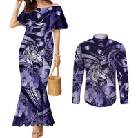 Personalised Maori Romantic Valentine Couples Matching Mermaid Dress and Long Sleeve Button Shirt The Hongi Kiss Purple Galaxy DT05 Purple - Polynesian Pride