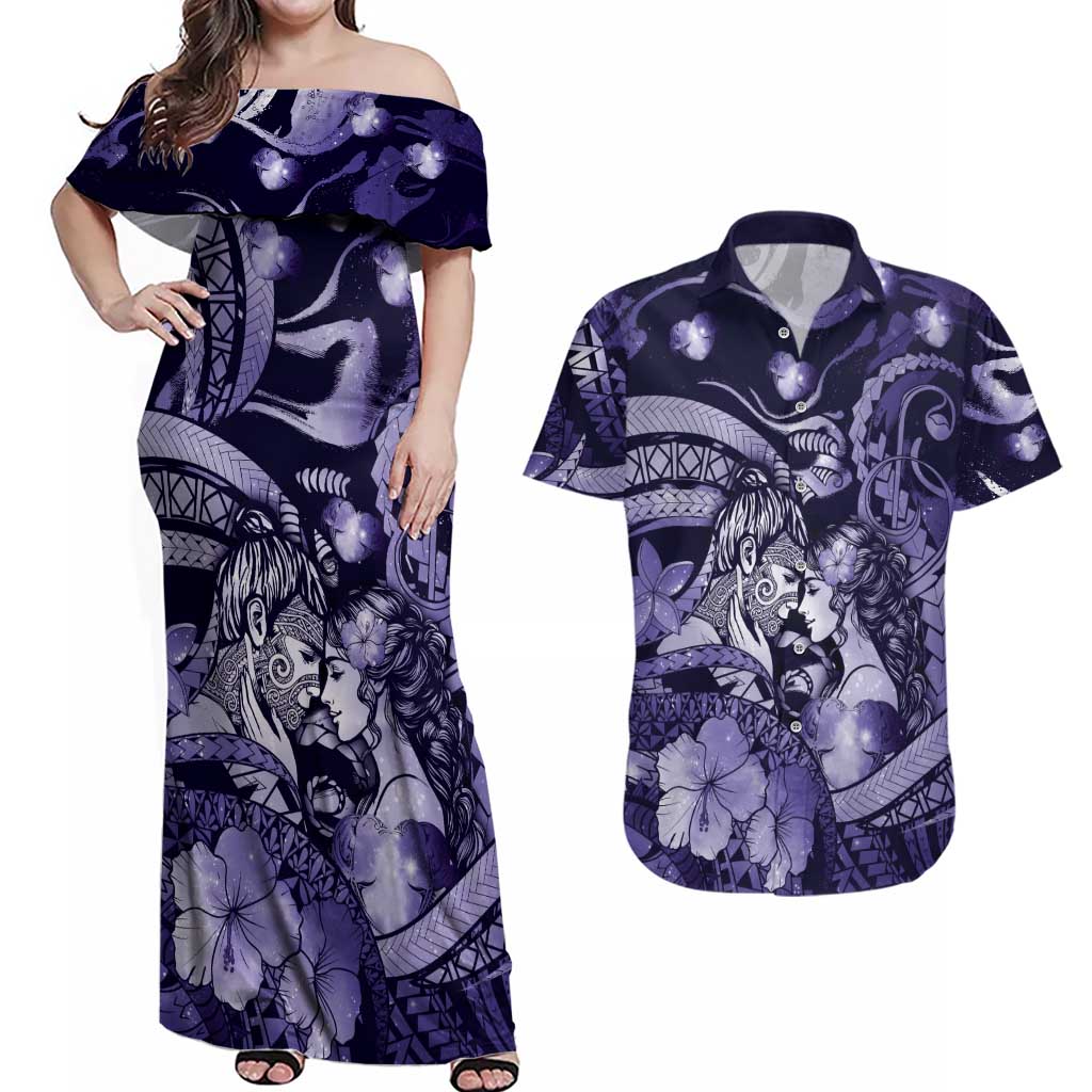 Personalised Maori Romantic Valentine Couples Matching Off Shoulder Maxi Dress and Hawaiian Shirt The Hongi Kiss Purple Galaxy DT05 Purple - Polynesian Pride
