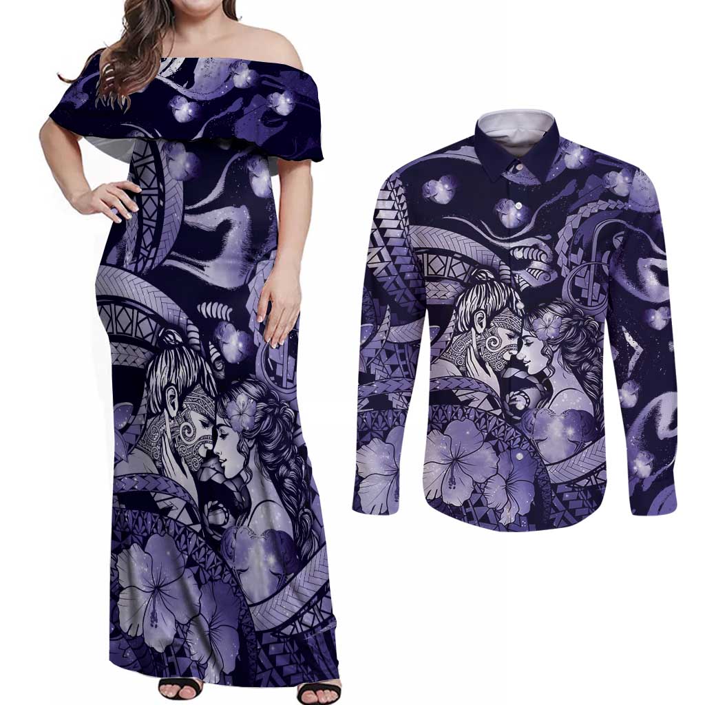 Personalised Maori Romantic Valentine Couples Matching Off Shoulder Maxi Dress and Long Sleeve Button Shirt The Hongi Kiss Purple Galaxy DT05 Purple - Polynesian Pride