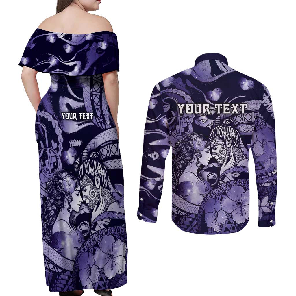 Personalised Maori Romantic Valentine Couples Matching Off Shoulder Maxi Dress and Long Sleeve Button Shirt The Hongi Kiss Purple Galaxy DT05 - Polynesian Pride