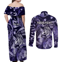 Personalised Maori Romantic Valentine Couples Matching Off Shoulder Maxi Dress and Long Sleeve Button Shirt The Hongi Kiss Purple Galaxy DT05 - Polynesian Pride