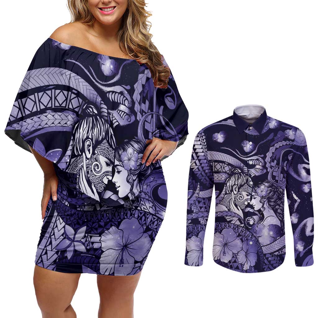 Personalised Maori Romantic Valentine Couples Matching Off Shoulder Short Dress and Long Sleeve Button Shirt The Hongi Kiss Purple Galaxy DT05 Purple - Polynesian Pride