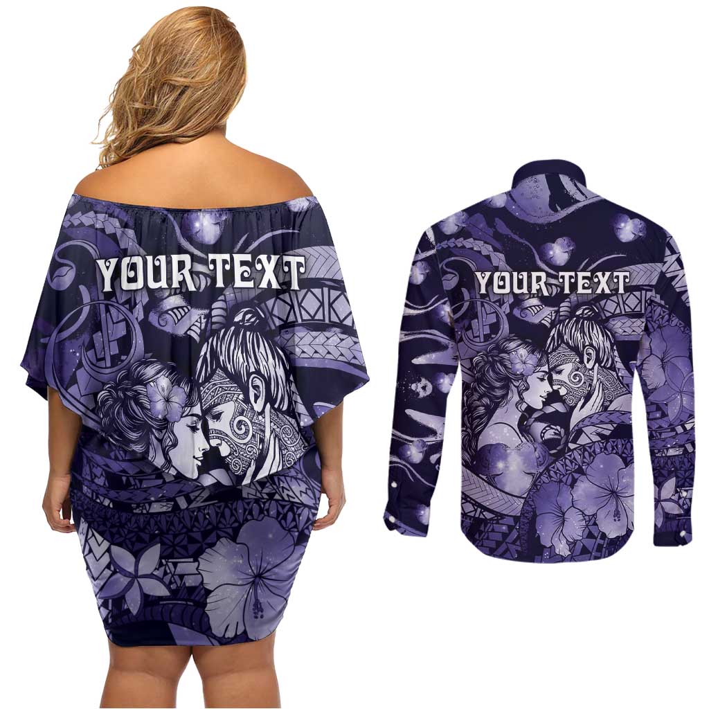 Personalised Maori Romantic Valentine Couples Matching Off Shoulder Short Dress and Long Sleeve Button Shirt The Hongi Kiss Purple Galaxy DT05 - Polynesian Pride