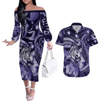 Personalised Maori Romantic Valentine Couples Matching Off The Shoulder Long Sleeve Dress and Hawaiian Shirt The Hongi Kiss Purple Galaxy DT05 Purple - Polynesian Pride