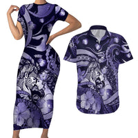 Personalised Maori Romantic Valentine Couples Matching Short Sleeve Bodycon Dress and Hawaiian Shirt The Hongi Kiss Purple Galaxy DT05 Purple - Polynesian Pride