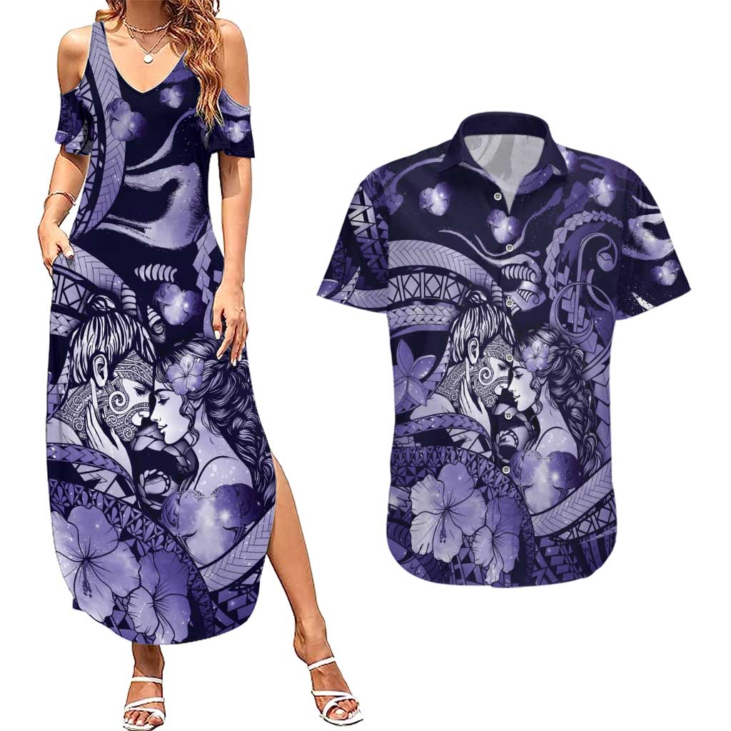 Personalised Maori Romantic Valentine Couples Matching Summer Maxi Dress and Hawaiian Shirt The Hongi Kiss Purple Galaxy DT05 Purple - Polynesian Pride