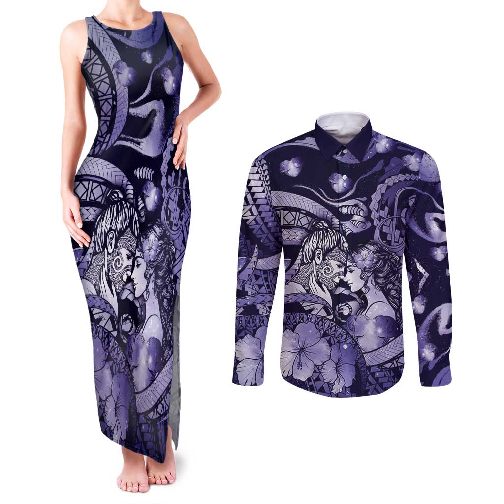 Personalised Maori Romantic Valentine Couples Matching Tank Maxi Dress and Long Sleeve Button Shirt The Hongi Kiss Purple Galaxy DT05 Purple - Polynesian Pride