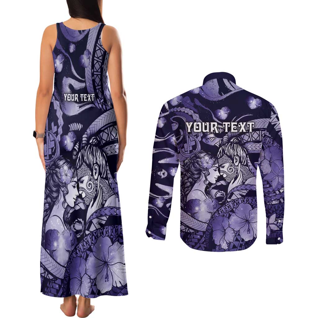 Personalised Maori Romantic Valentine Couples Matching Tank Maxi Dress and Long Sleeve Button Shirt The Hongi Kiss Purple Galaxy DT05 - Polynesian Pride