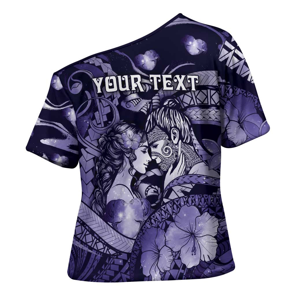 Personalised Maori Romantic Valentine Cross Shoulder Shirt The Hongi Kiss Purple Galaxy