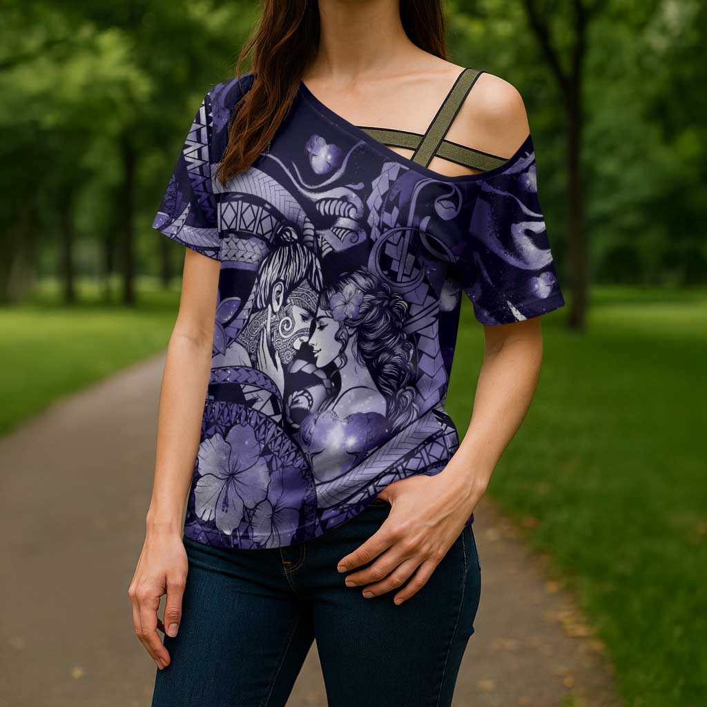 Personalised Maori Romantic Valentine Cross Shoulder Shirt The Hongi Kiss Purple Galaxy