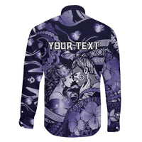 Personalised Maori Romantic Valentine Family Matching Off The Shoulder Long Sleeve Dress and Hawaiian Shirt The Hongi Kiss Purple Galaxy DT05 - Polynesian Pride