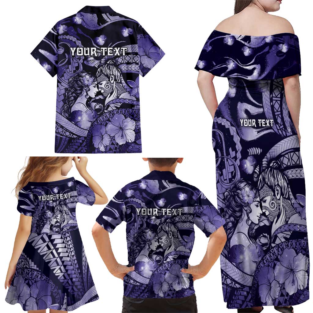 Personalised Maori Romantic Valentine Family Matching Off Shoulder Maxi Dress and Hawaiian Shirt The Hongi Kiss Purple Galaxy DT05 - Polynesian Pride