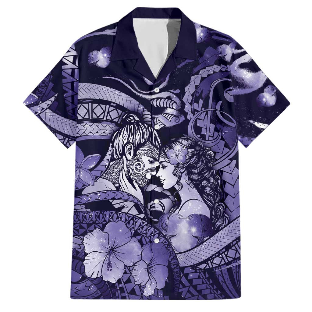 Personalised Maori Romantic Valentine Family Matching Off Shoulder Maxi Dress and Hawaiian Shirt The Hongi Kiss Purple Galaxy DT05 Dad's Shirt - Short Sleeve Purple - Polynesian Pride