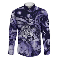 Personalised Maori Romantic Valentine Family Matching Off Shoulder Short Dress and Hawaiian Shirt The Hongi Kiss Purple Galaxy DT05 Dad's Shirt - Long Sleeve Purple - Polynesian Pride