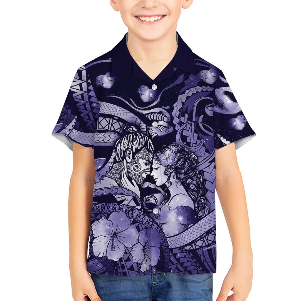 Personalised Maori Romantic Valentine Family Matching Puletasi and Hawaiian Shirt The Hongi Kiss Purple Galaxy DT05 Son's Shirt Purple - Polynesian Pride