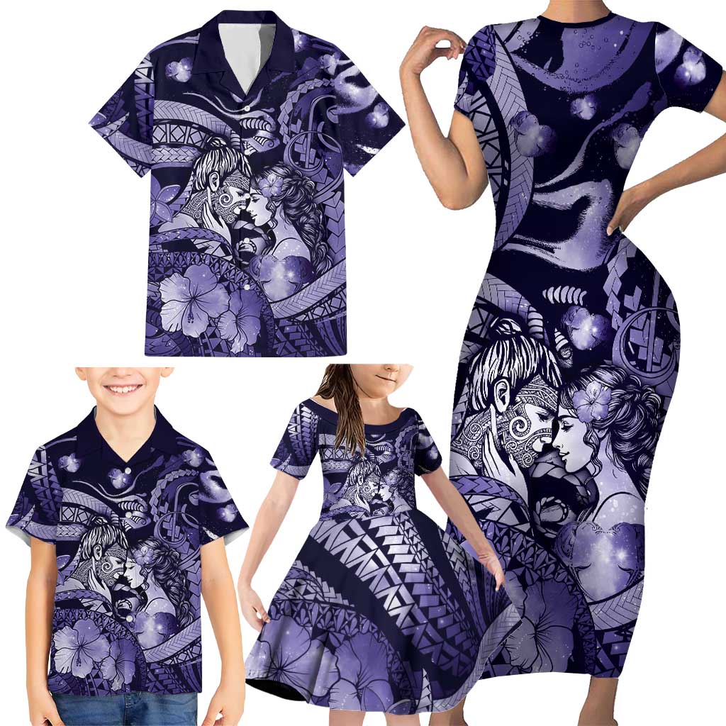 Personalised Maori Romantic Valentine Family Matching Short Sleeve Bodycon Dress and Hawaiian Shirt The Hongi Kiss Purple Galaxy DT05 - Polynesian Pride