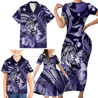 Personalised Maori Romantic Valentine Family Matching Short Sleeve Bodycon Dress and Hawaiian Shirt The Hongi Kiss Purple Galaxy DT05 - Polynesian Pride