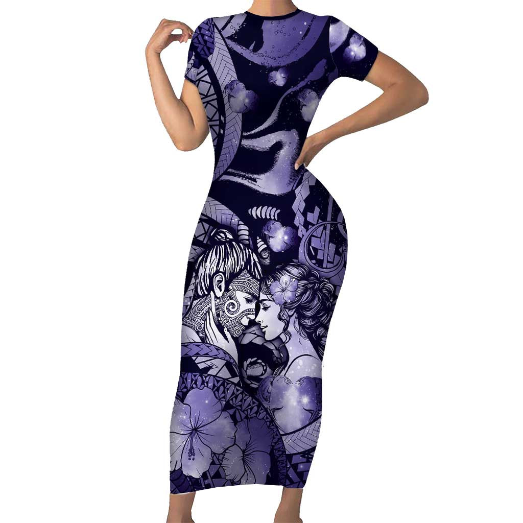 Personalised Maori Romantic Valentine Family Matching Short Sleeve Bodycon Dress and Hawaiian Shirt The Hongi Kiss Purple Galaxy DT05 Mom's Dress Purple - Polynesian Pride