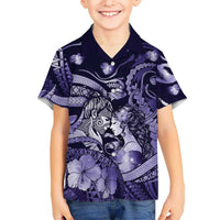 Personalised Maori Romantic Valentine Family Matching Short Sleeve Bodycon Dress and Hawaiian Shirt The Hongi Kiss Purple Galaxy DT05 Son's Shirt Purple - Polynesian Pride